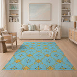 Teal Blue and Gold Geometric Diamond Area Rug