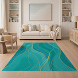 Teal Waves with Gold Foil Abstract Area Rug