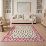 Pink Ornate Border Cream Trellis Area Rug