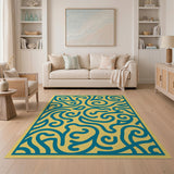 Teal Swirling Vines Yellow Area Rug