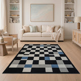 Modern Geometric Checkerboard Area Rug Black White Grey Blue
