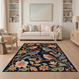 Whimsical Birds Blooms Navy Area Rug