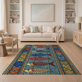 Washable Colorful Boho Fish Pattern Low Pile Area Rug