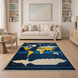 Navy World Map Pixelated Area Rug