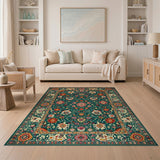Multi-color and Patterns Teal Persian Floral Area Rug with Vibrant Blooms