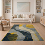 Abstract Navy Yellow Wave Geometric Rug