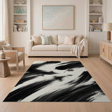 ODIKA Modern Abstract Brushstroke Black & White Washable Area Rug - Low Pile & Non-Slip