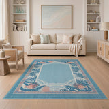 Teal Coastal Coral Fish Border Area Rug