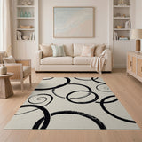 Abstract Black Brushstroke Circles Area Rug