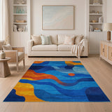 Vibrant Abstract Wave Area Rug in Blue Orange