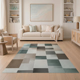 Neutral Teal Geometric Patchwork Area Rug