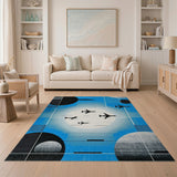 Blue Airplane Moon Flight Geometric Area Rug