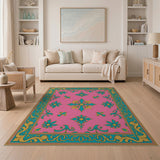 Ornate Pink Persian Area Rug with Teal Gold Florals