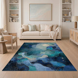 Washable Abstract Blue & Gold Celestial Fluid Area Rug