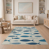 Blue and Teal Whimsical Blue Fish Coastal Area Rug