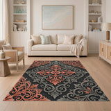 Ornate Grey Coral Floral Baroque Area Rug