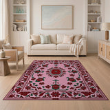 Pink Persian Floral Area Rug with Red Blooms