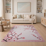 Pink Cherry Blossom Area Rug with Greek Key Border