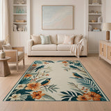 Teal Birds Orange Hibiscus Fern Area Rug