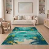 Teal Palm Fringed Ocean Waves Coastal Rug