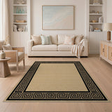 Beige and Neutral Beige Area Rug with Black Greek Key Border