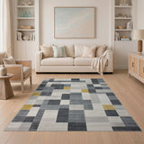 Geometric Grey Area Rug with Yellow Accents