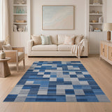 Modern Blue Gray Geometric Block Area Rug