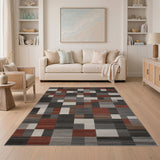 Geometric Grey Red Block Modern Area Rug