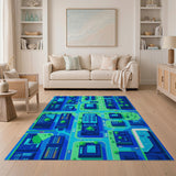Blue Pixel Cityscape Geometric Area Rug