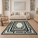 Intricate Black White Labyrinth Maze Rug