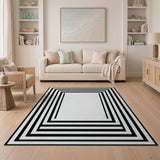 Modern Black & White Geometric Border Washable Area Rug, Low Pile & Non-Slip