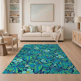 Teal Leaf and Daisy Floral Area Rug