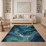 Teal Blue Abstract Wave Abstract Area Area Rug