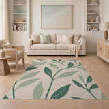Green Leaves on Beige Area Rug