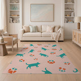 Playful Teal Cats Orange Paw Prints Pink Rug