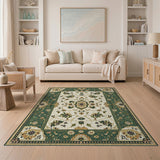 ODIKA Vintage Traditional Floral Washable Area Rug, Green/Cream Low Pile Non-Slip