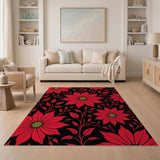 Red Bold Red Floral Area Rug on Black