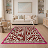 Red Geometric Tribal Area Rug with Pink Border