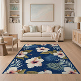 Navy Blue Hibiscus and Palm Leaf Area Rug