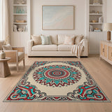 Red Teal Mandala Persian Area Rug with Ornate Border