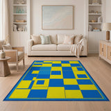Vibrant Blue Yellow Geometric Patchwork Rug