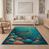 Blue and Teal Teal Sea Turtle Coral Reef Area Rug