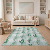 Green Leaves Teal Checkered Area Rug