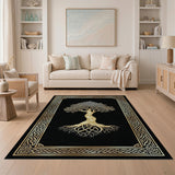 Washable Black Gold Celtic Tree of Life Area Rug, Low Pile & Non-Slip