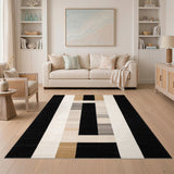 ODIKA Modern Washable Geometric Area Rug - Black & Tan Low Pile Non-Slip Carpet