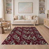 Burgundy Green Leaf Pattern Area Rug