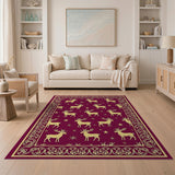 Festive Gold Reindeer Snowflakes Red Area Rug