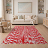 ODIKA Red and White Tribal Spiral Striped Washable Area Rug - Low Pile Non-Slip