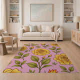 Vibrant Yellow Roses on Pink Floral Area Rug