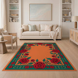 Orange Area Rug with Vibrant Red Rose Border
